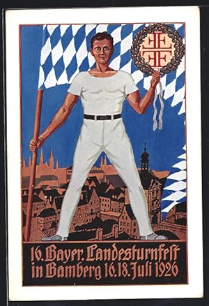 Ansichtskarte Bamberg, 16. Bayer. Landesturnfest 1926, Turner mit Fahne