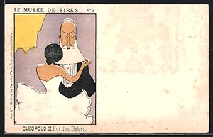 Künstler-Ansichtskarte Karikatur von Cléopold II., König von Belgien tanzend mit einer Dame