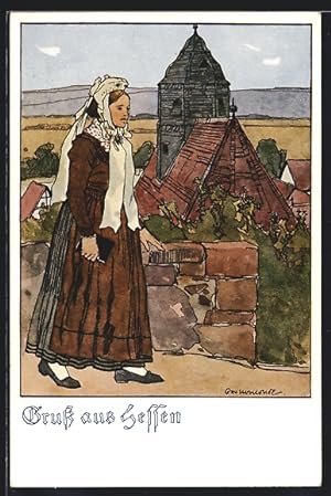 Künstler-Ansichtskarte Otto Ubbelohde: Frau in hessischer Tracht auf dem Weg zur Kirche