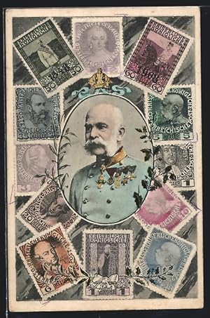 Ansichtskarte Kaiser Franz Josef I. und Briefmarken von Österreich