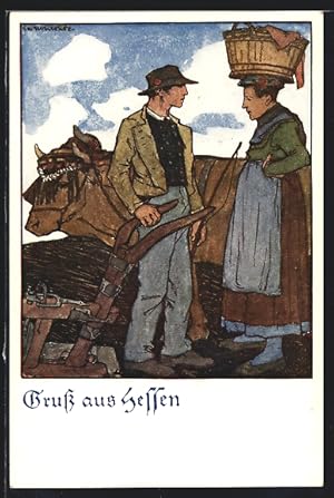 Künstler-Ansichtskarte Otto Ubbelohde: Bauern auf dem Feld, hessische Tracht