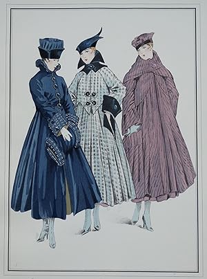 ANTIQUE FASHION PRINT Le Style Parisien, Travel Coats, Large Vintage Art Nouveau Pochoir Print 1915