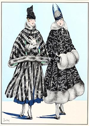 ANTIQUE FASHION PRINT Le Style Parisien, Fur Coat & Cape Vintage Art Nouveau Pochoir 1915