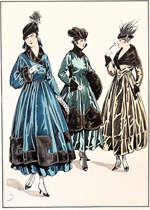 ANTIQUE FASHION PRINT Le Style Parisien, Three Ladies Coats Vintage Pochoir 1915