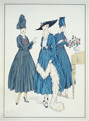ANTIQUE FASHION PRINT Le Style Parisien, 3 Blue Dresses, Art Nouveau Vintage Pochoir Print 1915