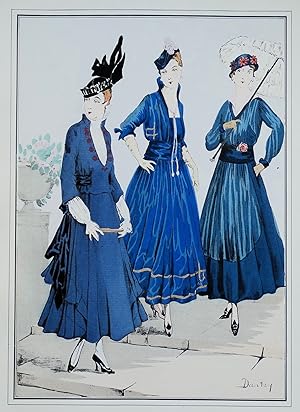 ANTIQUE FASHION PRINT Le Style Parisien Blue Dresses large Vintage Art Nouveau Pochoir print 1915