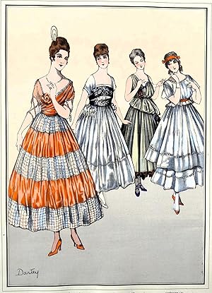 ANTIQUE FASHION PRINT Le Style Parisien, Paris Party Dresses, Vintage At Nouveau Pochoir Print 1915