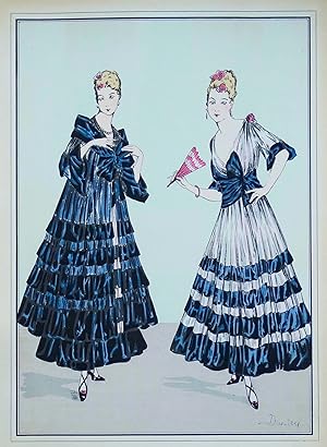 Antique Fashion Print Le Style Parisien, Evening Dress & Coat, Vintage Art Nouveau Pochoir 1915