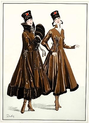ANTIQUE FASHION PRINT Le Style Parisien, Fur Trimmed Dress & Coat Vintage At Nouveau Pochoir 1915