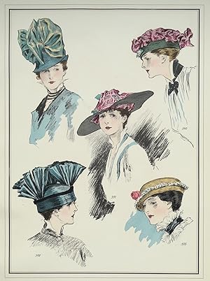 ANTIQUE FASHION PRINT Le Style Parisien, 5 Hats, Art Nouveau Large Vintage Pochoir Print 1915