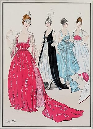 ANTIQUE FASHION PRINT Four Parisienne Evening Dresses Vintage Pochoir Print 1915