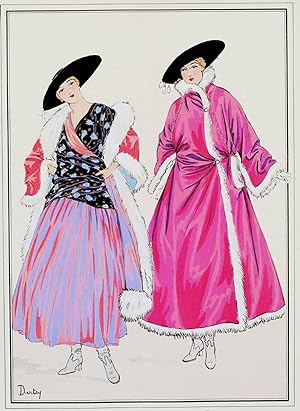 ANTIQUE FASHION PRINT Two Dresses by Poiret for Worth Vintage Art Nouveau Pochoir Print 1915