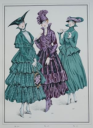 ANTIQUE FASHION PRINT Le Style Parisien 3 silk dresses Vintage Art Nouveau Large Pochoir Print 1915