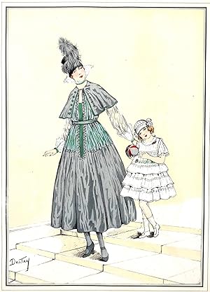 ANTIQUE FASHION PRINT Le Style Parisien Spring Dress Mother & Child Large Vintage Pochoir Print 1915