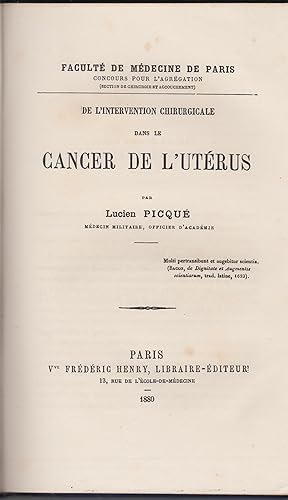 Seller image for De l'intervention chirurgicale dans le cancer de l'utrus for sale by LIBRAIRIE PIMLICO