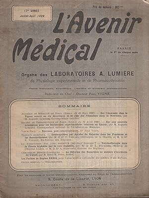 Seller image for L'Avenir Mdical. Organe des Laboratoires A. Lumire de Physiologie exprimentale et de Pharmacodynamie. - 17 Anne - Juillet/Aot 1920. for sale by LIBRAIRIE PIMLICO