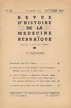 Image du vendeur pour Revue d histoire de la mdecine hbraque n 65 mis en vente par LIBRAIRIE PIMLICO