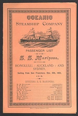 Oceanic Steamship Company, Passenger List, S. S. Mariposa, for Honolulu, Auckland and Sydney, sai...