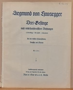 Bild des Verkufers fr Drei Gesnge nach mittelhochdeutschen Dichtungen (Liebesklage - Der Falke - Liebeslied) fr eine mittlere Frauenstimme, Bratsche u. Klavier zum Verkauf von ANTIQUARIAT H. EPPLER