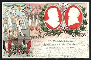 Lithographie Offenbach a. M., 25. Mittelrheinisches Jubiläums-Kreis-Turnfest 1901, Dr. Ferd. Goet...