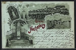 Mondschein-Lithographie Hachenburg, Alter Markt, Kaiser Wilhelm-Denkmal, Ortsansicht