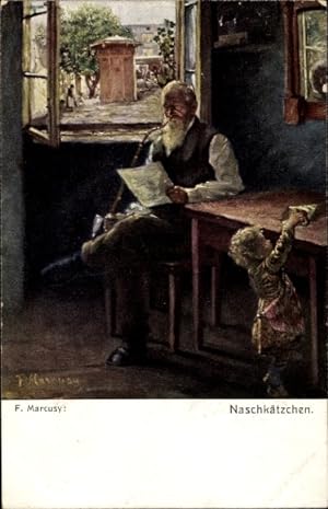 Künstler Ansichtskarte / Postkarte Marcusy, F., Naschkätzchen, Mann beim Lesen, Pfeife