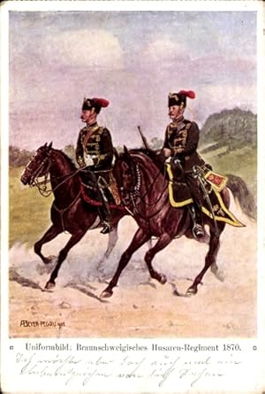 Künstler Ansichtskarte / Postkarte Beyer-Pegau, Braunschweigisches Husaren-Regiment 1870, Uniformen