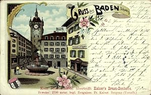 Litho Baden Kt. Aargau Schweiz, Platz, Brunnen, Turmuhr, Hotel Engel