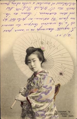 Ansichtskarte / Postkarte Japan, Junge Frau in japanischer Tracht, Sonnenschirm, Kimono