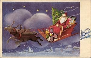 Ansichtskarte / Postkarte Glückwunsch Weihnachten, Weihnachtsmann fliegt im Rentierschlitten