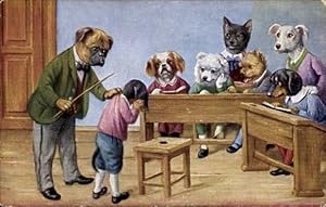 Künstler Ansichtskarte / Postkarte Hundeschule, Lehrer, Dackel, Vermenschlichte Hunde