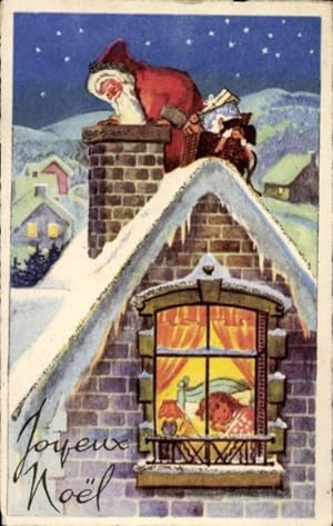 Ansichtskarte / Postkarte Glückwunsch Weihnachten, Weihnachtsmann am Schornstein, schlafendes Kind