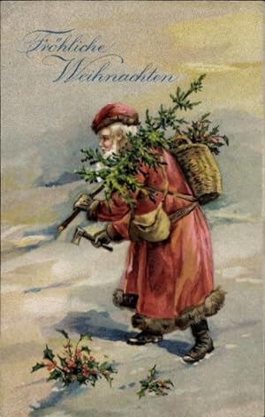 Ansichtskarte / Postkarte Glückwunsch Weihnachten, Mann mit Tannenbaum, Stechpalme, Korb