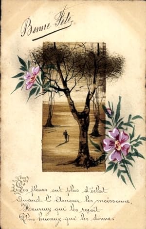 Handgemalt Ansichtskarte / Postkarte Glückwunsch, Wanderer, Bäume, Blüten