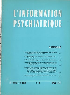 Imagen del vendedor de L'Information Psychiatrique. - 39 Anne - 5 Srie - N 4 - Avril 1963 a la venta por PRISCA