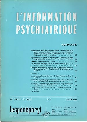 Seller image for L'Information Psychiatrique. - 42 Anne - 5 Srie - N 3 - Mars 1966 for sale by PRISCA