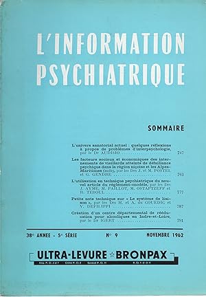 Imagen del vendedor de L'Information Psychiatrique. - 38 Anne - 5 Srie - N 9 - Novembre 1962. a la venta por PRISCA