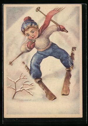 Künstler-Ansichtskarte Kleiner Junge fährt Ski vom Berg hinab