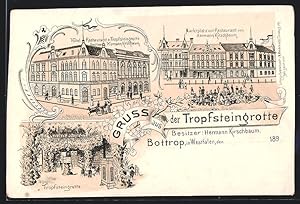 Lithographie Bottrop in Westfalen, Hotel-Restaurant zur Tropfsteingrotte, Marktplatz mit Restaura...