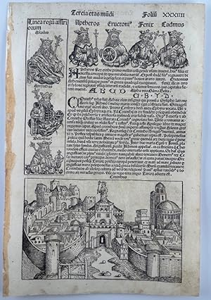 Image du vendeur pour (INCUNABLE) Liber chronicarum / La Chronique de Nuremberg : Nuremberg Chronicle. 1493. Tercia etas m di, foli XXXIIII. Feuille imprime recto-verso. Gravure sur bois de la ville de Corinthe (Corinthus) et portraits des Rois Aptheros, Eructoni, Phenix, Cadmus, Alcades, Amynthas, Bellotbus: Au verso gravure de la ville de Tybriade (Tiberias) et portraits des Rois Carmestis, Ytalus Rex, Rechab, Lineachrum Salmon. mis en vente par Librairie Christian Chaboud