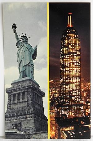 Seller image for The Statue of Liberty on Liberty Island, located in lower New York Bay and the brilliant electrical torch as seen at night of the Empire State Building at 34th Street and 5th Avenue, New York City - Postcard for sale by Argyl Houser, Bookseller