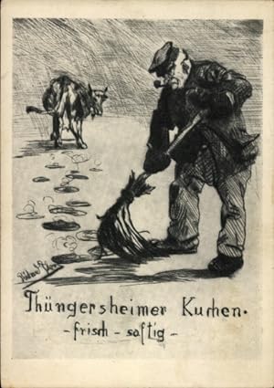 Künstler Ansichtskarte / Postkarte Thüngersheimer Kuchen, Straßenkehrer, Rind, Wein, Reklame