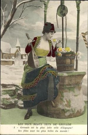 4 alte Ansichtskarte / Postkarte Serie Frau mit Blumen am Brunnen, diverse Ansichten