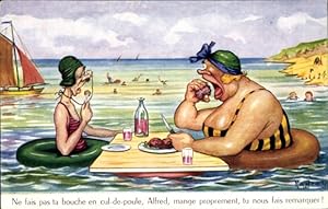 Künstler Ansichtskarte / Postkarte Raffray, Ehepaar im Wasser beim Essen, Rettungsringe, Übergewi...