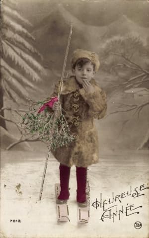 Ansichtskarte / Postkarte Glückwunsch Neujahr, Junge auf Skiern, Misteln