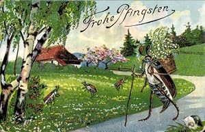 Präge Ansichtskarte / Postkarte Glückwunsch Pfingsten, Maikäfer, Birken