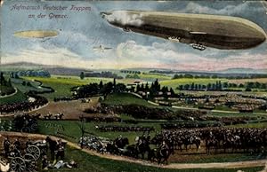 Ansichtskarte / Postkarte Aufmarsch deutscher Truppen im Feindesland, Luftschiffe, Zeppeline, I. WK