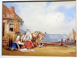 Watercolour English Coastal Landscape. Cottage Figures and animals and fishing boat. c1860