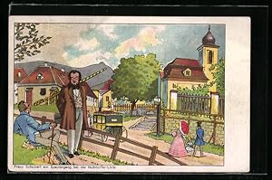 Bild des Verkufers fr Ansichtskarte Wien, Komponist Franz Schubert beim Spaziergang an der Nussdorfer-Linie, Pferdekutsche zum Verkauf von Bartko-Reher