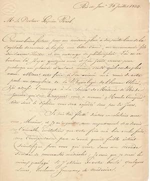 Seller image for Une trs importante lettre manuscrite de Xavier Sigaud  Scipion Pinel, (mdecin franais install au Bresil) Date et signe du 20 juillet 1834 for sale by LIBRAIRIE PIMLICO